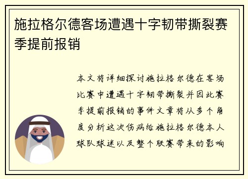 施拉格尔德客场遭遇十字韧带撕裂赛季提前报销