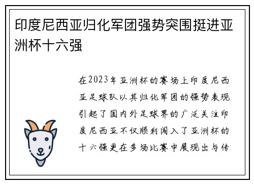 印度尼西亚归化军团强势突围挺进亚洲杯十六强